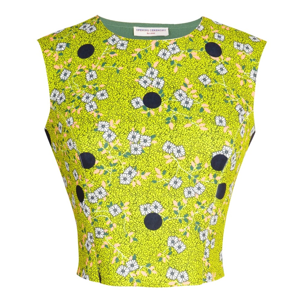 Neoprene sleeveless yellow-green floral top